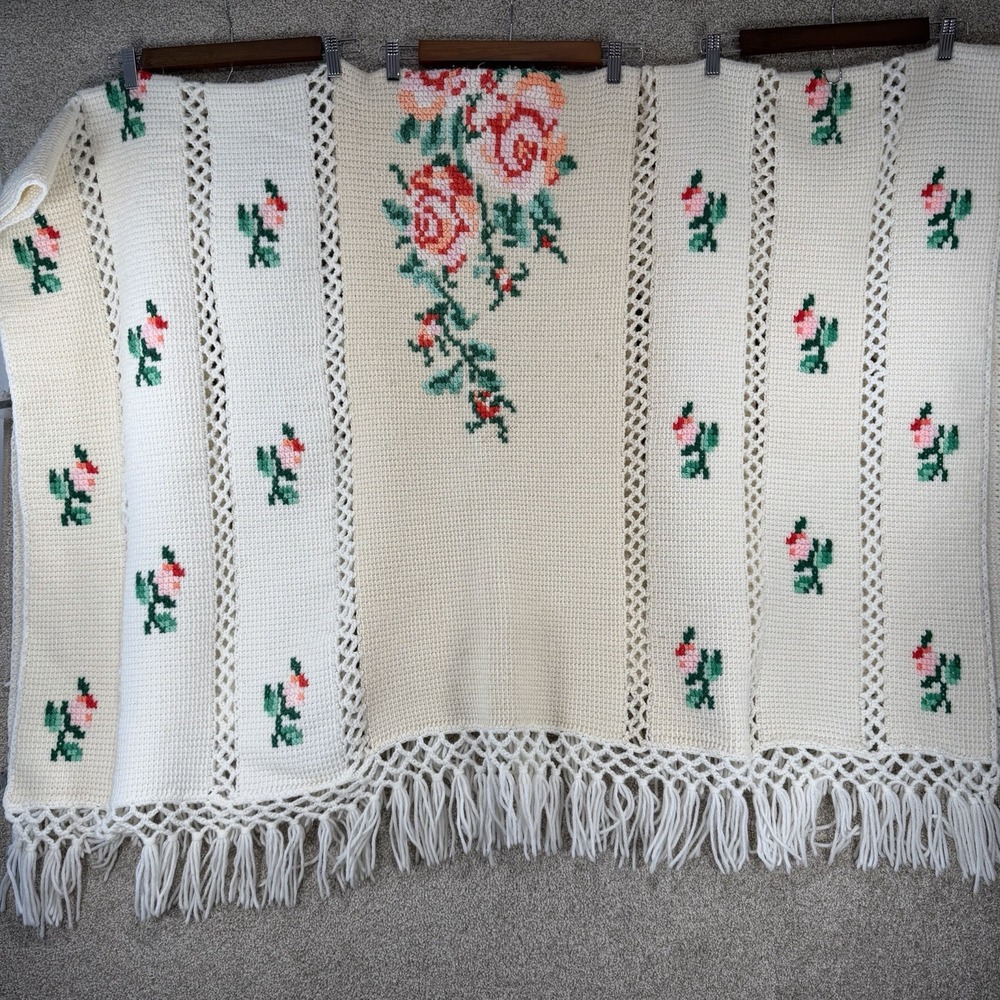 Vtg Needlepoint Blanket Cottage Core Granny Cream Floral Roses 56"x82" Afghan